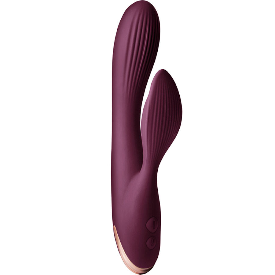 Purple and rose gold rabbit vibrator on a white background