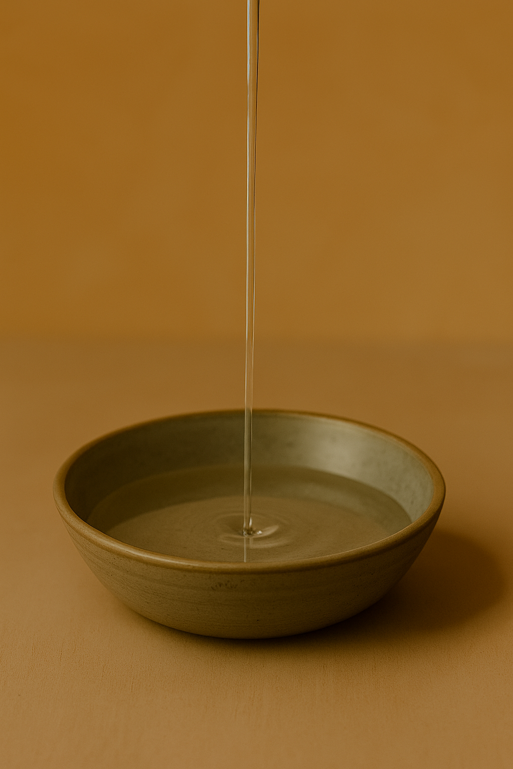 Green ceramic bowl with a stream of oil being poured into it on a brown background