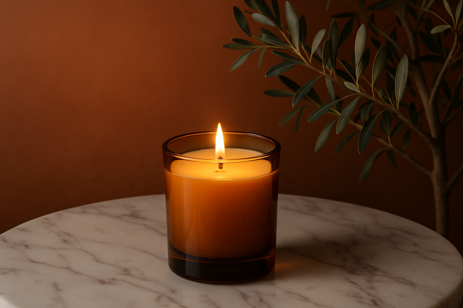 put the candle on a white marble table and the wall behing it a terracotta colour with an olive tree just in view 